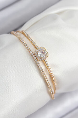 Pirinç Zirkon Taşlı Baget Model Gold Renk Kadın Bileklik - EBJ250902W37731