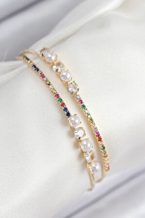 Pirinç Zirkon Taşlı İnci Model Gold Renk Kadın Bileklik - EBJ250902W37735