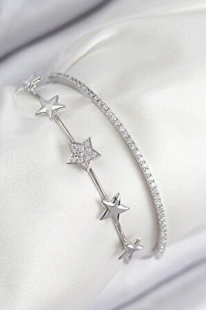 Pirinç Zirkon Taşlı Yıldız Model Gümüş Renk Kadın Bileklik - EBJ250902W37738