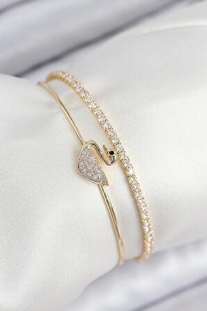 Pirinç Zirkon Taşlı Kuğu Model Gold Renk Kadın Bileklik - EBJ250902W37749