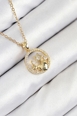 Zirkon Taşlı Yıldız Ve Kalp Model Gold Renk Kadın Kolye - EBJ250902W37687