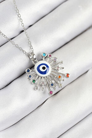 Zirkon Taşlı Nazar Model Gümüş Renk Kadın Kolye - EBJ250902W37708