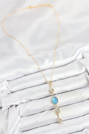 Pirinç Zincir Mavi Gold Renk Zirkon Taşlı Y Kolye - EBJ250902W37778