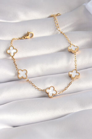 Gold Renk Beyaz Yonca Model Kadın Bileklik - EBJ250920W37781