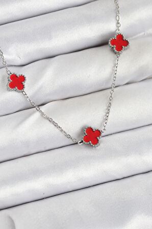 Zincir Gümüş Renk Kırmızı Baby Boy Yonca Kadın Kolye - EBJ250920W37846