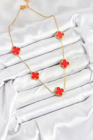 Zincir Gold Kırmızı Renk Yonca Kadın Kolye - EBJ250920W37850