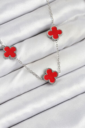 Zincir Gümüş Kırmızı Renk Yonca Kadın Kolye - EBJ250920W37851