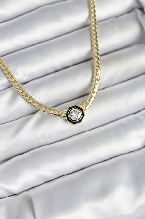 Pirinç Gold Renk Zirkon Taşlı Kadın Kolye - EBJ250927W38047