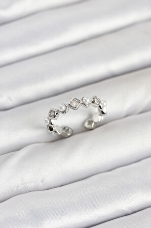 Pirinç Gümüş Renk Zirkon Taşlı İncili Kadın Yüzük - EBJ250927W37964