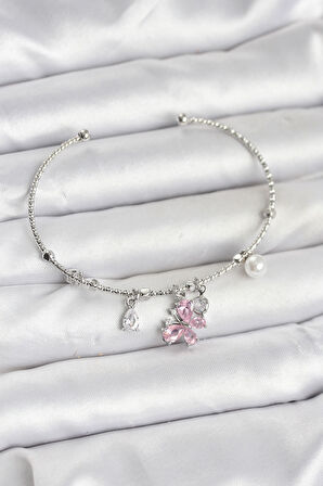 Pembe Kelebek Charmlı Gümüş Renk Kadın Bileklik - EBJ251010W38204