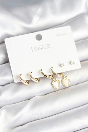 Pirinç Gold Renk Kalp Detaylı 925 Ayar Gümüş Çivili Kadın Küpe Seti - EBJ251010W38084