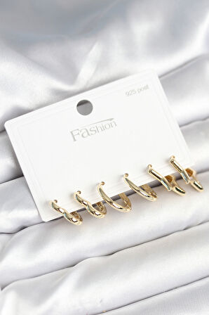 Pirinç Gold Renk Kalp Yıldız ve Halka Model 925 Ayar Gümüş Çivili Kadın Küpe Seti - EBJ251010W38088