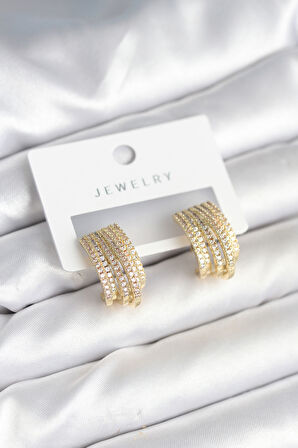 Zirkon Taşlı Şerit Model Gold Renk Pirinç Kadın Küpe - EBJ251010W38108