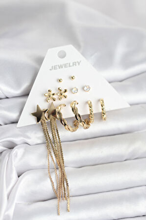 Pirinç Gold Renk 6 Çift Kadın Küpe Seti - EBJ251025W38248