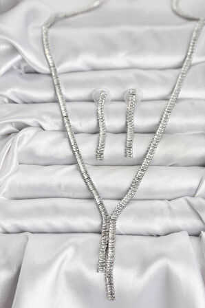 Gümüş Renk Baget Zirkon Taşlı Kadın Kolye Küpe Set - EBJ251115W38367