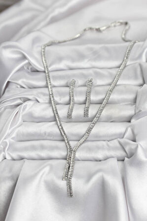 Gümüş Renk Baget Zirkon Taşlı Kadın Kolye Küpe Set - EBJ251115W38367