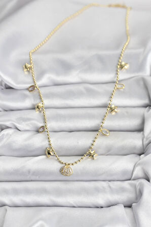 Pirinç Gold Renk Zirkon Taşlı Deniz Kabuğu Model Kadın Kolye - EBJ251115W38376