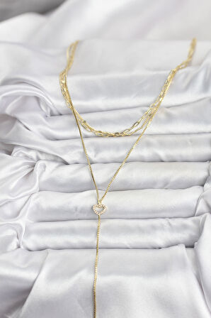 Pirinç Gold Renk Kalp Detaylı 3'lü Kombin Y Kadın Kolye - EBJ251115W38423