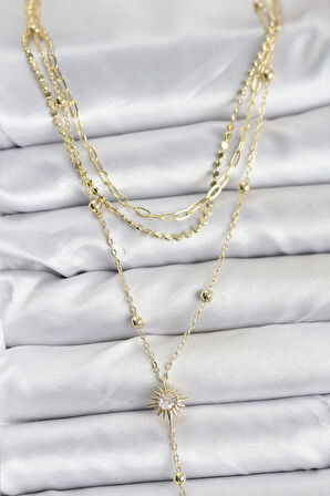 Pirinç Gold Renk Güneş Model Detaylı 3'lü Kombin Y Kadın Kolye - EBJ251115W38425