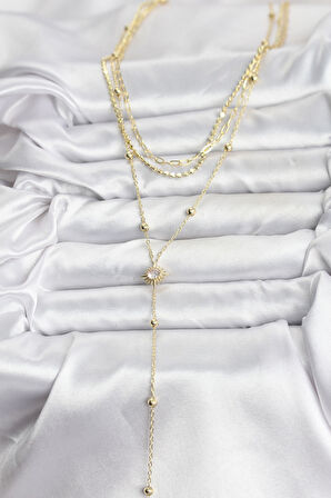 Pirinç Gold Renk Güneş Model Detaylı 3'lü Kombin Y Kadın Kolye - EBJ251115W38425