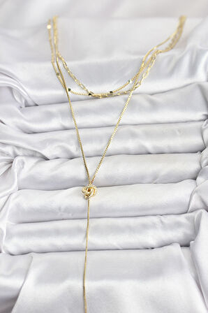 Pirinç Gold Renk Düğüm Model Detaylı 3'lü Kombin Y Kadın Kolye - EBJ251115W38426