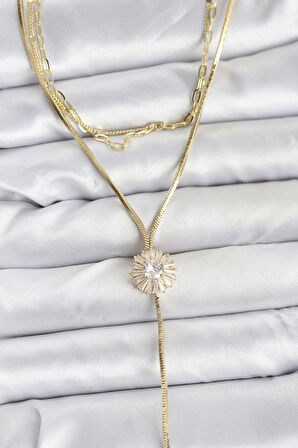 Pirinç Gold Renk Zirkon Taşlı Papatya Model Detaylı 3'lü Kombin Y Kadın Kolye - EBJ251115W38429