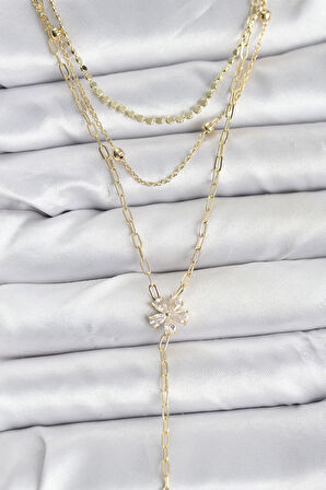 Pirinç Gold Renk Zirkon Taşlı Çiçek Model Detaylı 3'lü Kombin Y Kadın Kolye - EBJ251115W38430