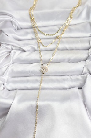 Pirinç Gold Renk Zirkon Taşlı Çiçek Model Detaylı 3'lü Kombin Y Kadın Kolye - EBJ251115W38430