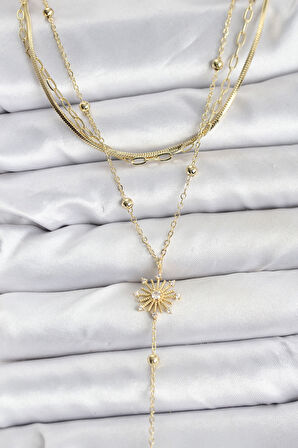 Pirinç Gold Renk Zirkon Taşlı Model Detaylı 3'lü Kombin Y Kadın Kolye - EBJ251115W38433