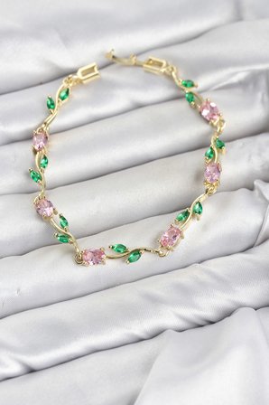 Pirinç Gold Renk Pembe Zirkon Taşlı Çiçek Model Kadın Bileklik - EBJ260701W44132