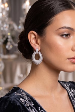 Gümüş Renk Zirkon Taşlı Damla Halka Model Kadın Abiye Küpe - EBJ260701W44212