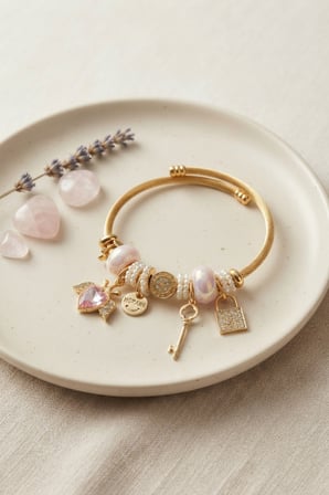 Pembe Kalp Model Gold Renk Charmlı Bileklik - EBJ260725W44441