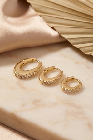 Gold Renk Oval Halka Model Zirkon Taşlı 3 lü Küpe Set - EBJ260725W44418