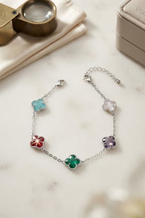 Renkli Kristal Taşlı Gümüş Renk Yonca Model Kadın Bileklik - EBJ260822W46378