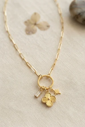 Gold Renk Ataç Zincir Yonca Model Kadın Kolye - EBJ260822W46323