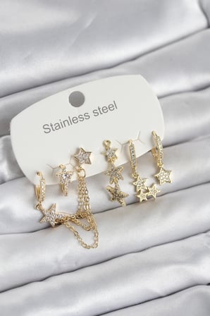 Gold Renk 6'lı Set Zincirli Yıldız Modelli Kadın Küpe - EBJ260822W46275