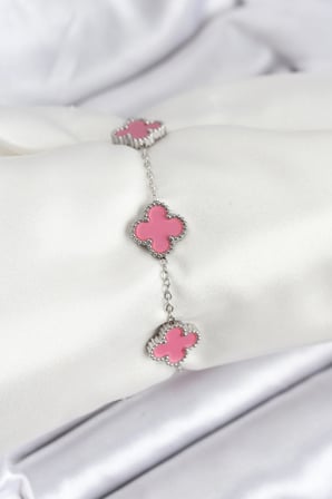 Gümüş Zincir Pembe Renk Yonca Bileklik - EBJ260926W47025