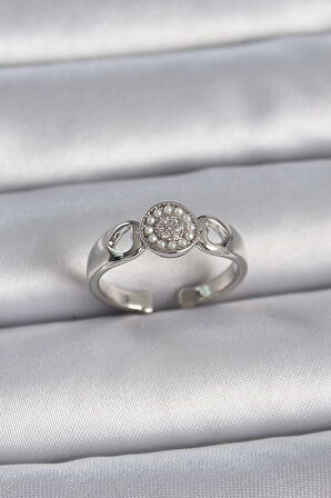 Gümüş Renk Zirkon Taşlı İncili Kalp İşleme Detay Ayarlanabilir Model Kadın Yüzük - EBJ261410W29218