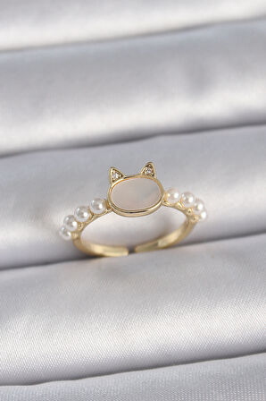 Gold Renk Ayarlanabilir Beyaz Mineli Kedi Model İnci Detay Kadın Yüzük - EBJ261410W29245