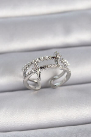 Gümüş Renk Ayarlanabilir Zirkon Taşlı Kutup Yıldız İnci Detay Kadın Yüzük - EBJ261410W29252