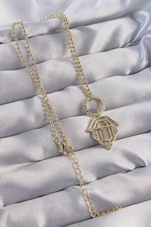 Pirinç Zirkon Taşlı Gold Renk Oval Detaylı Serenay Kolyesi - EBJ270706W25187