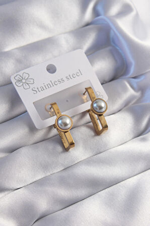 316L Çelik Gold Renk İnci Taşlı Dikdörtgen Model Küpe - EBJ270706W25177