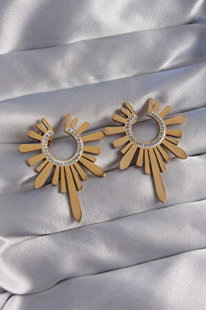 316L Çelik Gold Renk Zirkon Taşlı Güneş Figürlü Küpe - EBJ270706W25179