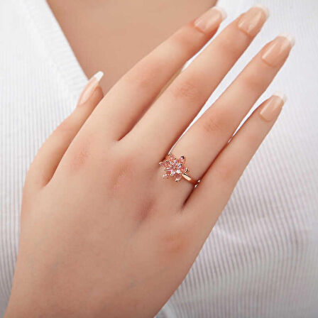 Ebuz Gümüş Rose Pembe Taşlı Lotus Çiçeği Kadın Yüzük