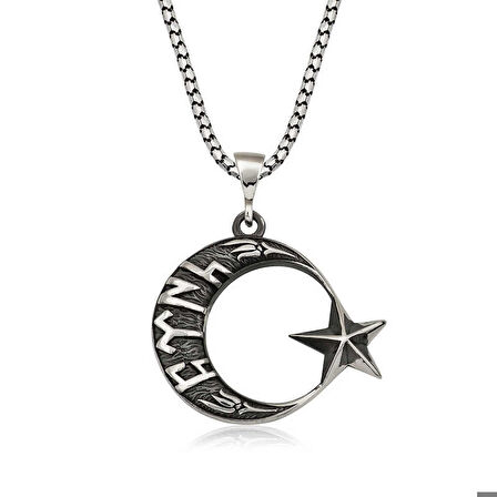 Ebuz Gümüş Göktürkçe Türk Yazılı Ay Yıldız Erkek Kolye