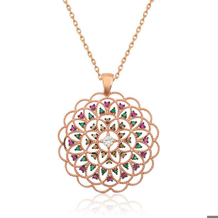 Ebuz Gümüş Rose Geometrik Desenli Madalyon Kolye
