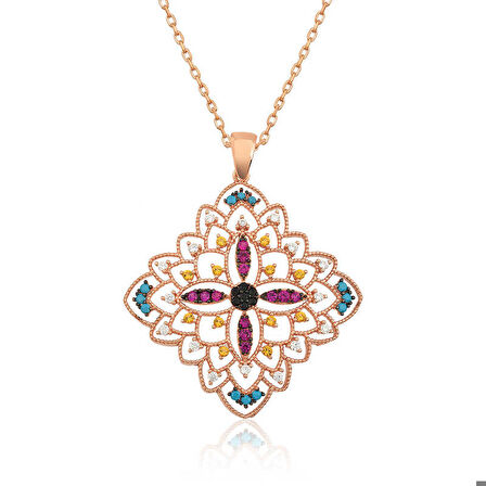 Ebuz Gümüş Rose Etnik Desenli Madalyon Kolye