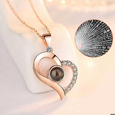 Ebuz ​Gümüş Rose 100 Dilde Seni Seviyorum Kalp Kolye