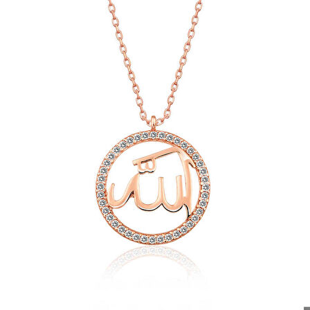 Ebuz Gümüş Rose Arapça Allah Yazılı Bayan Kolye