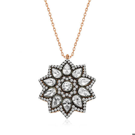 Ebuz Gümüş Rose Çiçek Desenli Elmas Montür Kolye